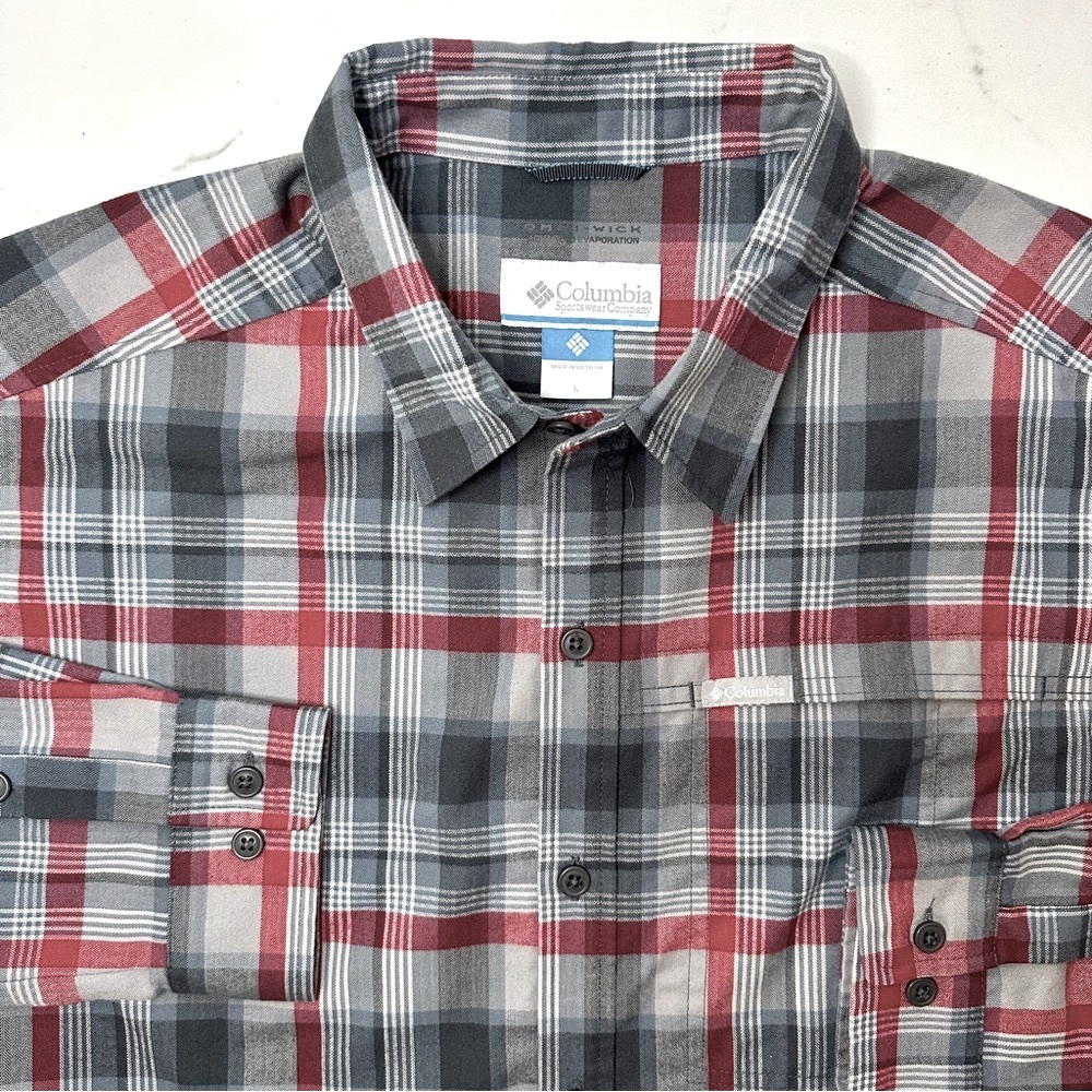 Columbia OmniWick L Plaid Button Down Gray Red NWOT
